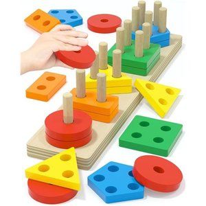 Montessori Toys for 1 2 3 Years Old Boys Girls, Wooden Sorting & Stacking Toys